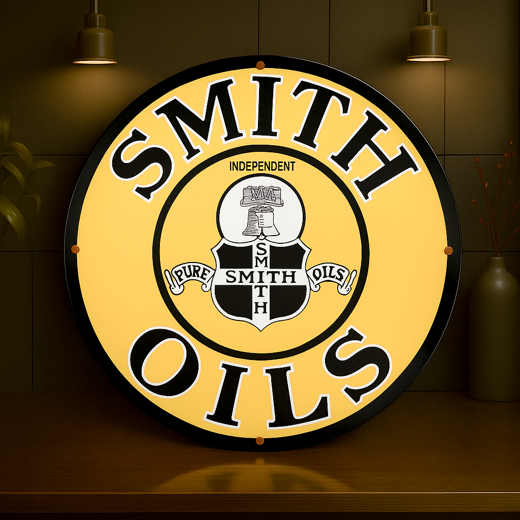 SMITH OILS Yellow Independent Motor Oil Sign – Heavy Metal Garage & Man Cave Decor