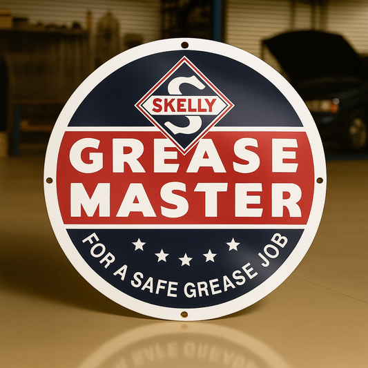 Skelly Grease Master Round Heavy Metal Sign – Garage & Man Cave Decor