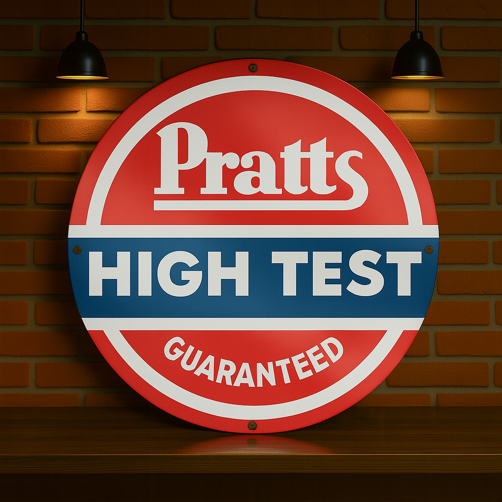 Pratts High Test Guaranteed Round Heavy Metal Sign – Garage & Man Cave Decor