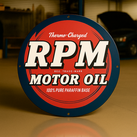 RPM Motor Oil Round Heavy Metal Sign – Garage & Man Cave Decor
