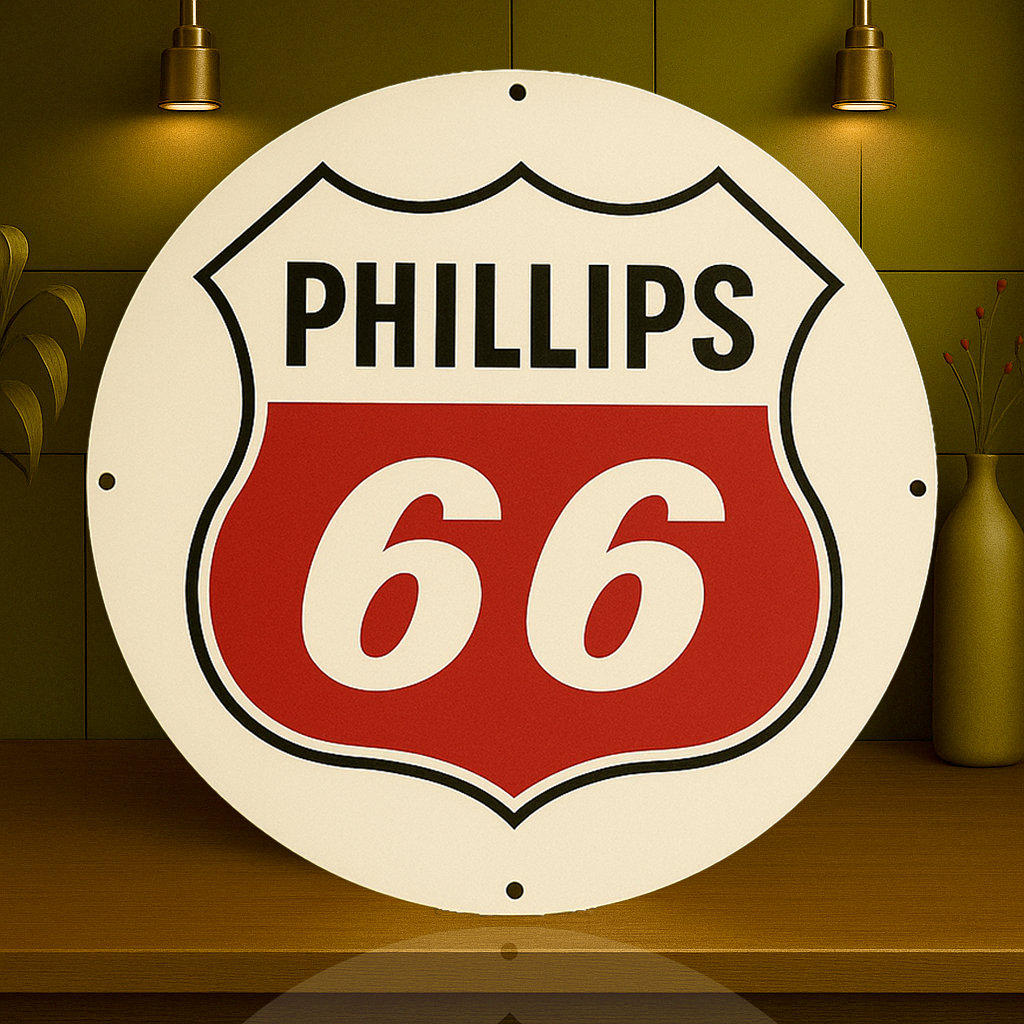 Phillips 66 - Route 66 - Bar Round Heavy Metal Sign – Garage & Man Cave Decor