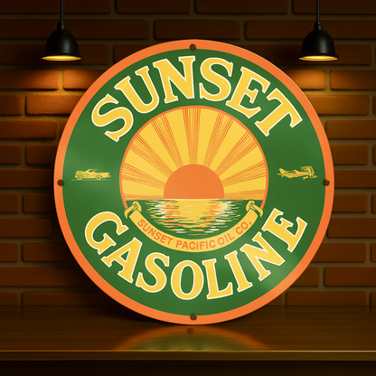 Sunset Gasoline Round Heavy Metal Sign – Garage & Man Cave Decor