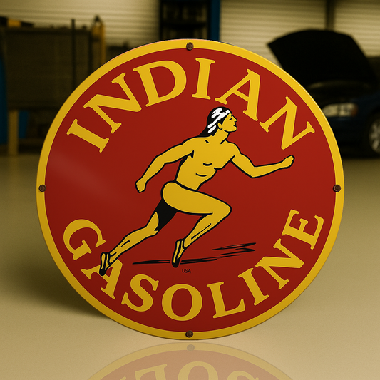 Indian Gasoline Vintage Round Heavy Metal Sign – Garage & Man Cave Decor