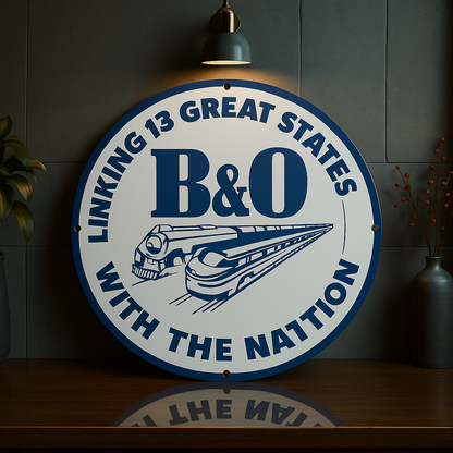 B&O Railroad Round Heavy Metal Sign – Linking 13 Great States with the Nation – Garage & Man Cave Decor