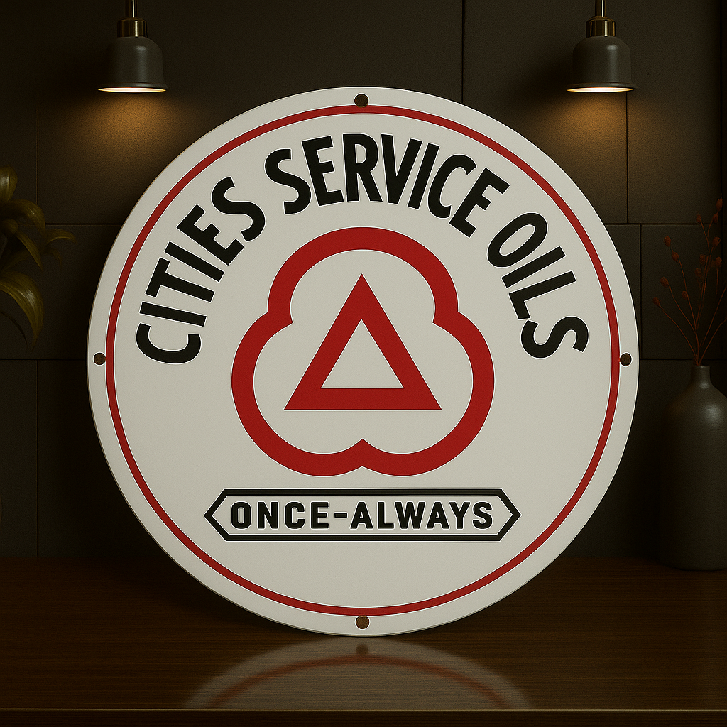 CITIES Service OILS Once - Always Round Heavy Metal Sign – Garage & Man Cave Decor