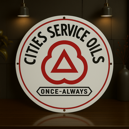 CITIES Service OILS Once - Always Round Heavy Metal Sign – Garage & Man Cave Decor