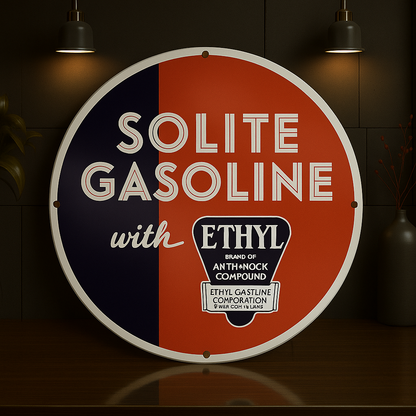 SOLITE GASOLINE With Ethyl Round Sign – Heavy Metal Garage & Man Cave Decor