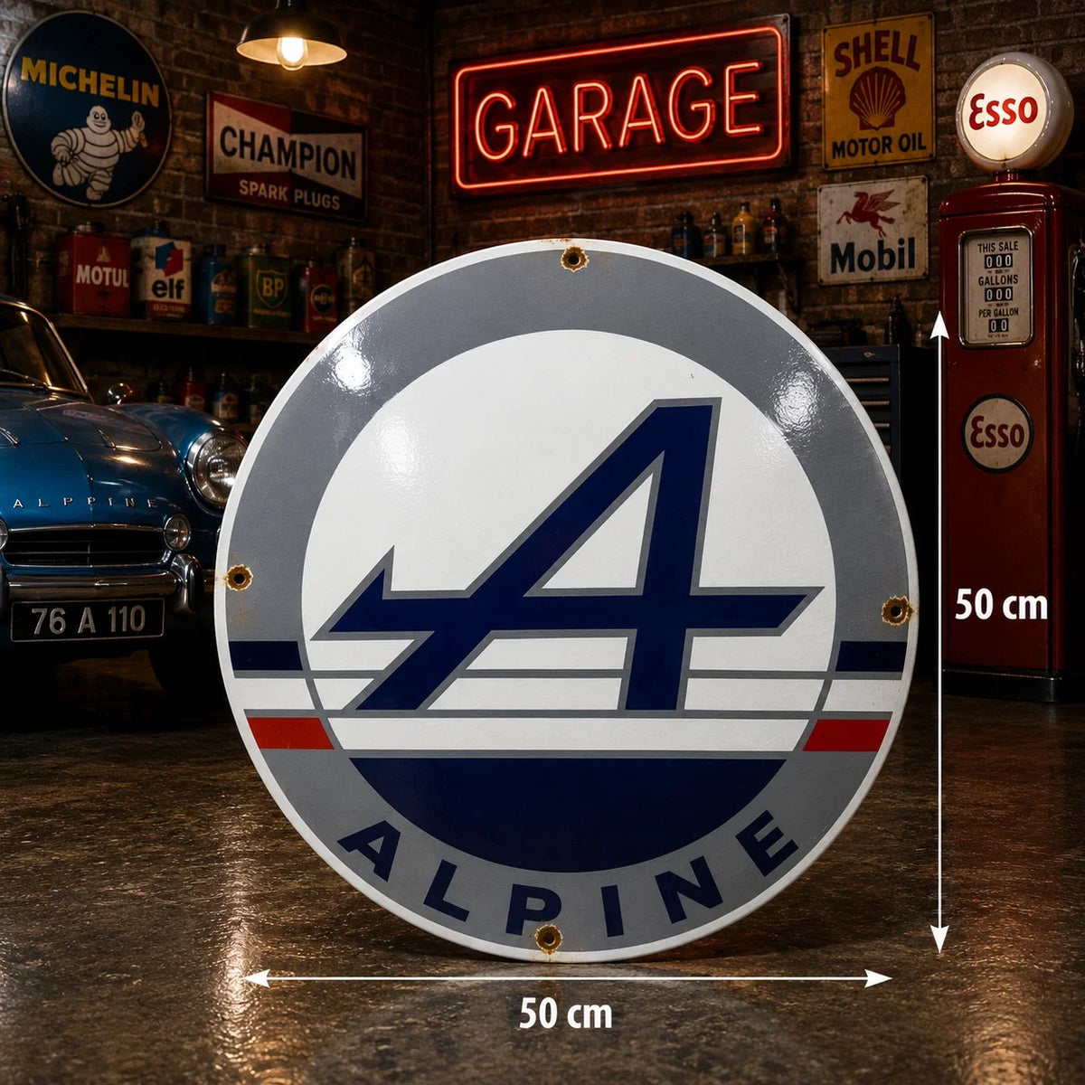Alpine Rusted Racing Logo Round Heavy Metal Sign – Garage & Man Cave Decor