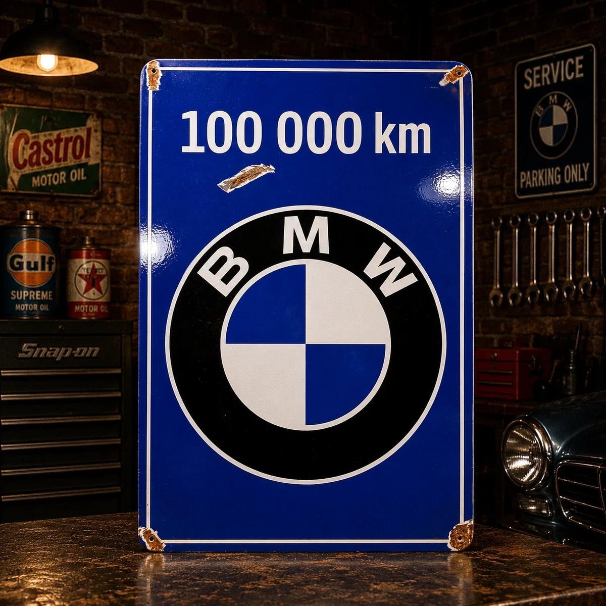 BMW 100 000 km Service Heavy Metal Sign – Garage & Man Cave Decor