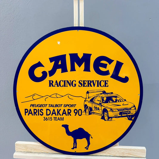 Camel Racing Service - Paris Dakar 1990 Peugeot Talbot Sport Round Heavy Metal Sign – Garage & Man Cave Decor