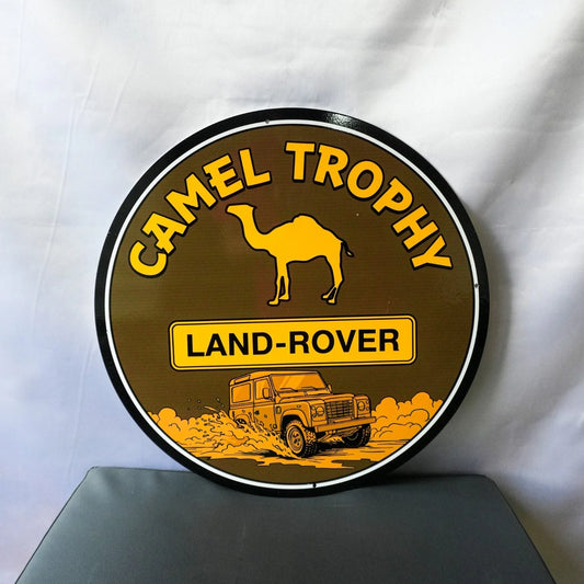 Camel Trophy Land Rover - Off-Road Adventure Round Heavy Metal Sign – Garage & Man Cave Decor