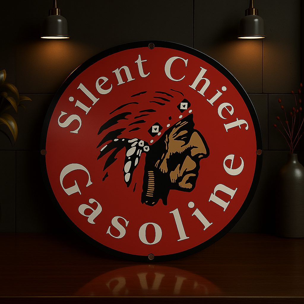 Sılıent Chief Gasoline Round Heavy Metal Sign – Garage & Man Cave Decor