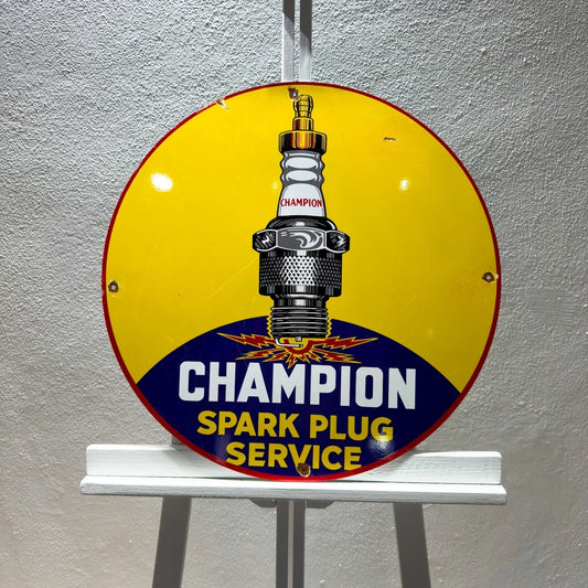 Champion Spark Plug Service Round Heavy Metal Sign – Garage & Man Cave Decor