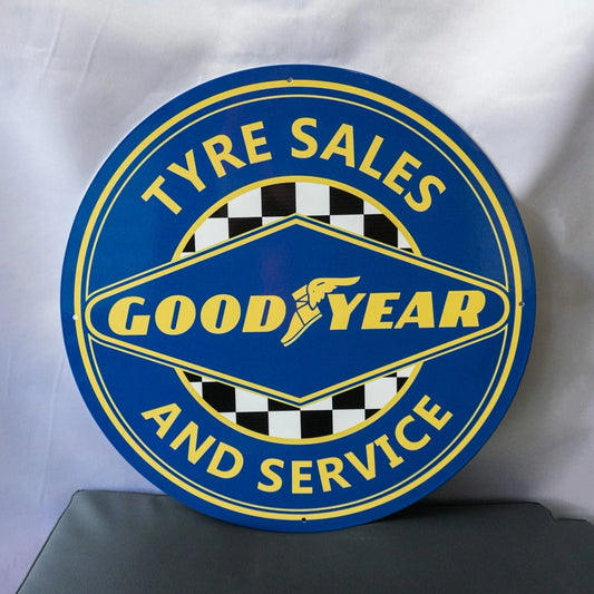 Goodyear Tyre Sales & Service - Racing Round Heavy Metal Sign – Garage & Man Cave Decor