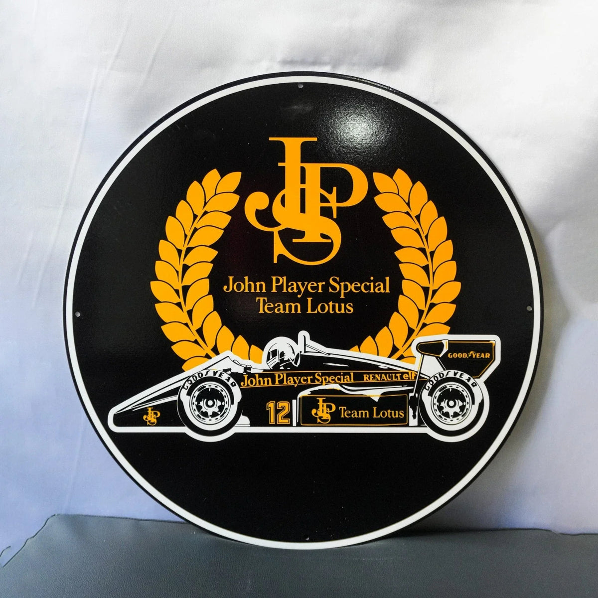 John Player Special - Team Lotus Formula Round Heavy Metal Sign – Garage & Man Cave Decor