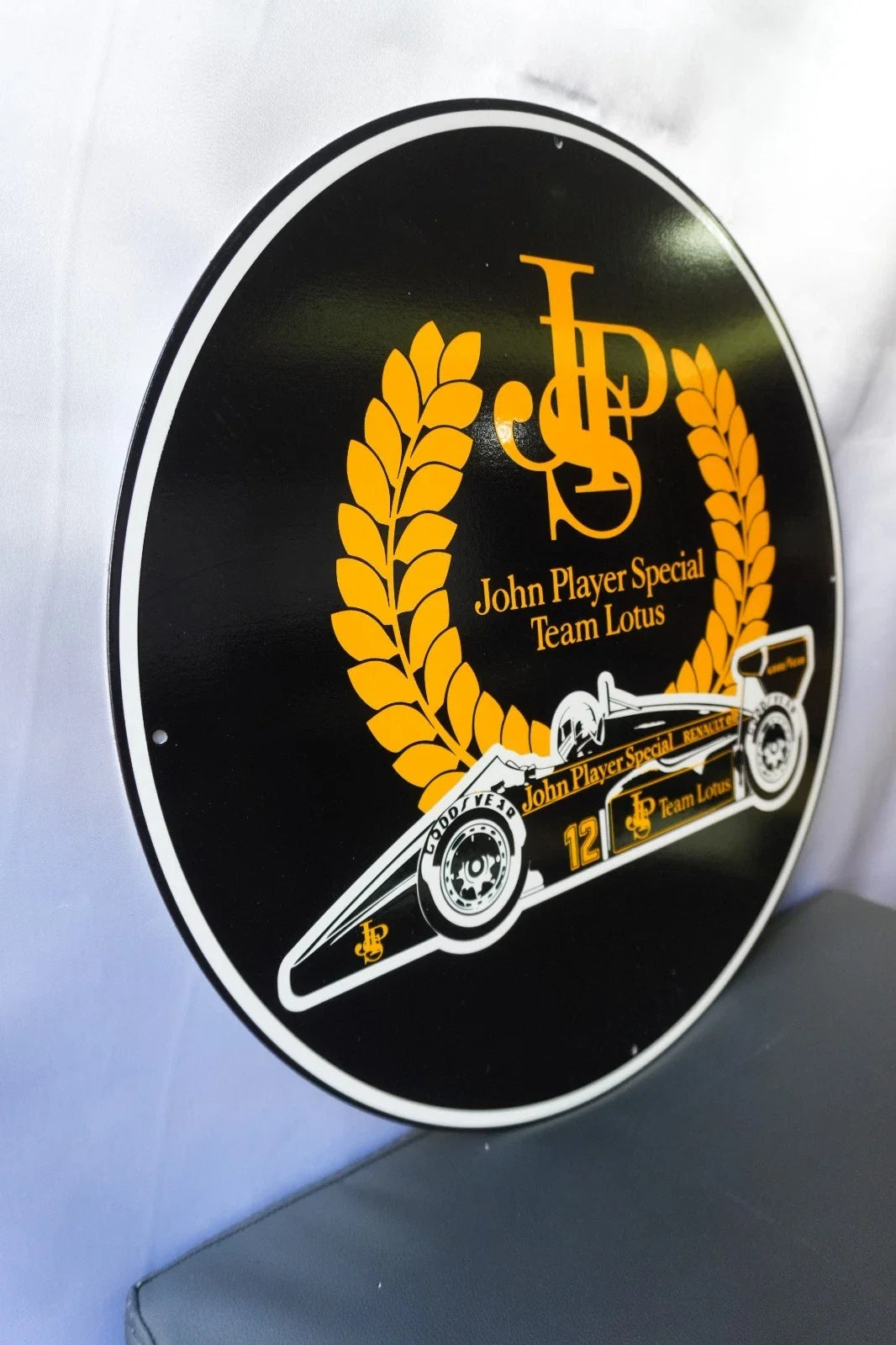 John Player Special - Team Lotus Formula Round Heavy Metal Sign – Garage & Man Cave Decor