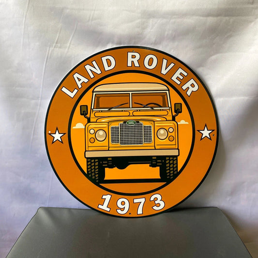 Land Rover 1973 - Heritage Adventure Round Heavy Metal Sign – Garage & Man Cave Decor