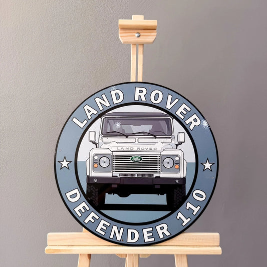 Land Rover Defender 110 - Classic Off-Road Round Heavy Metal Sign – Garage & Man Cave Decor