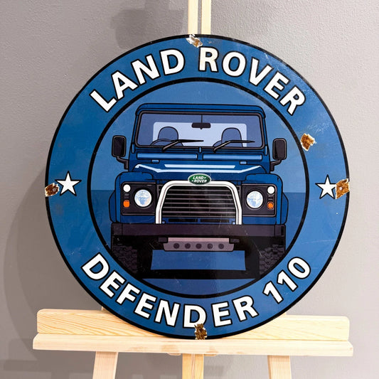 Land Rover Defender 110 Rusty Round Heavy Metal Sign – Garage & Man Cave Decor