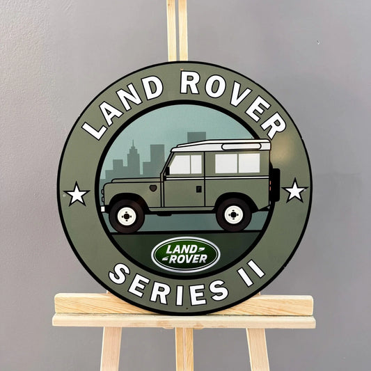 Land Rover Series II - Classic British Off-Road Round Heavy Metal Sign – Garage & Man Cave Decor