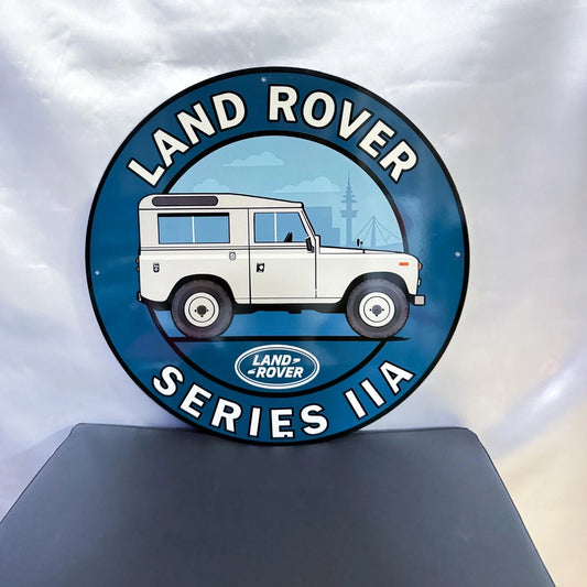 Land Rover Series IIA - Classic British Off-Road Round Heavy Metal Sign – Garage & Man Cave Decor