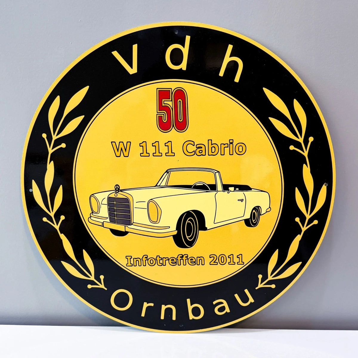 Mercedes-Benz W111 Cabrio - 50 Years 19.7 Round Heavy Metal Sign – Garage & Man Cave Decor