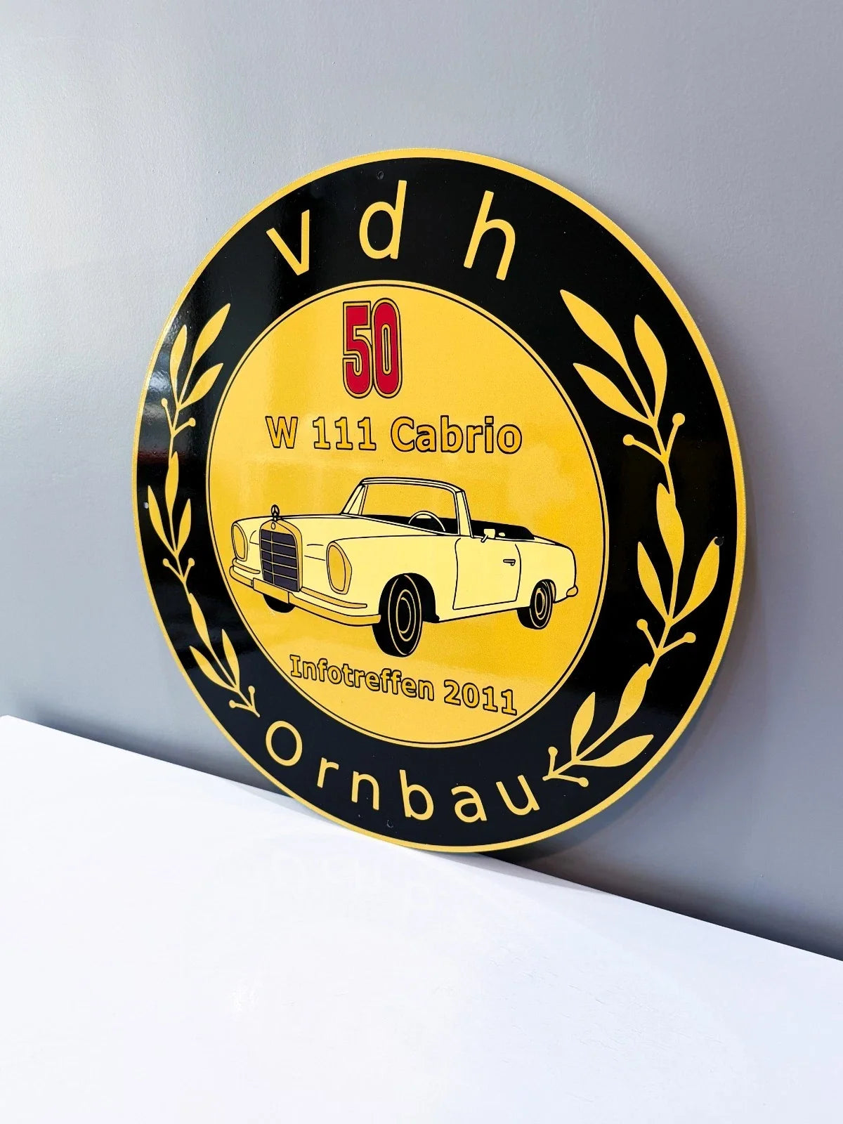Mercedes-Benz W111 Cabrio - 50 Years 19.7 Round Heavy Metal Sign – Garage & Man Cave Decor