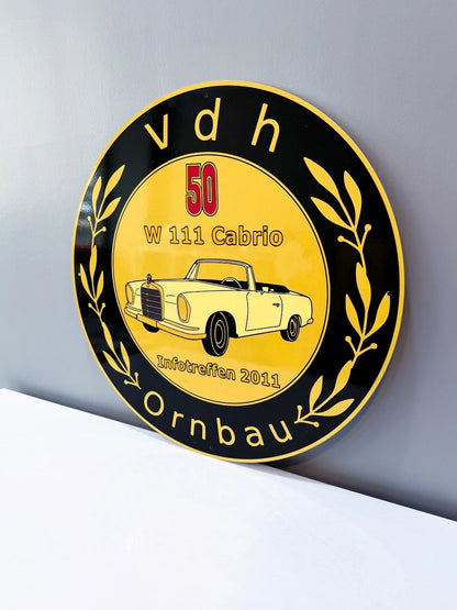 Mercedes-Benz W111 Cabrio - 50 Years 19.7 Round Heavy Metal Sign – Garage & Man Cave Decor