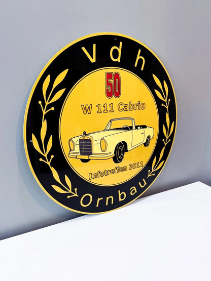 Mercedes-Benz W111 Cabrio - 50 Years 19.7 Round Heavy Metal Sign – Garage & Man Cave Decor