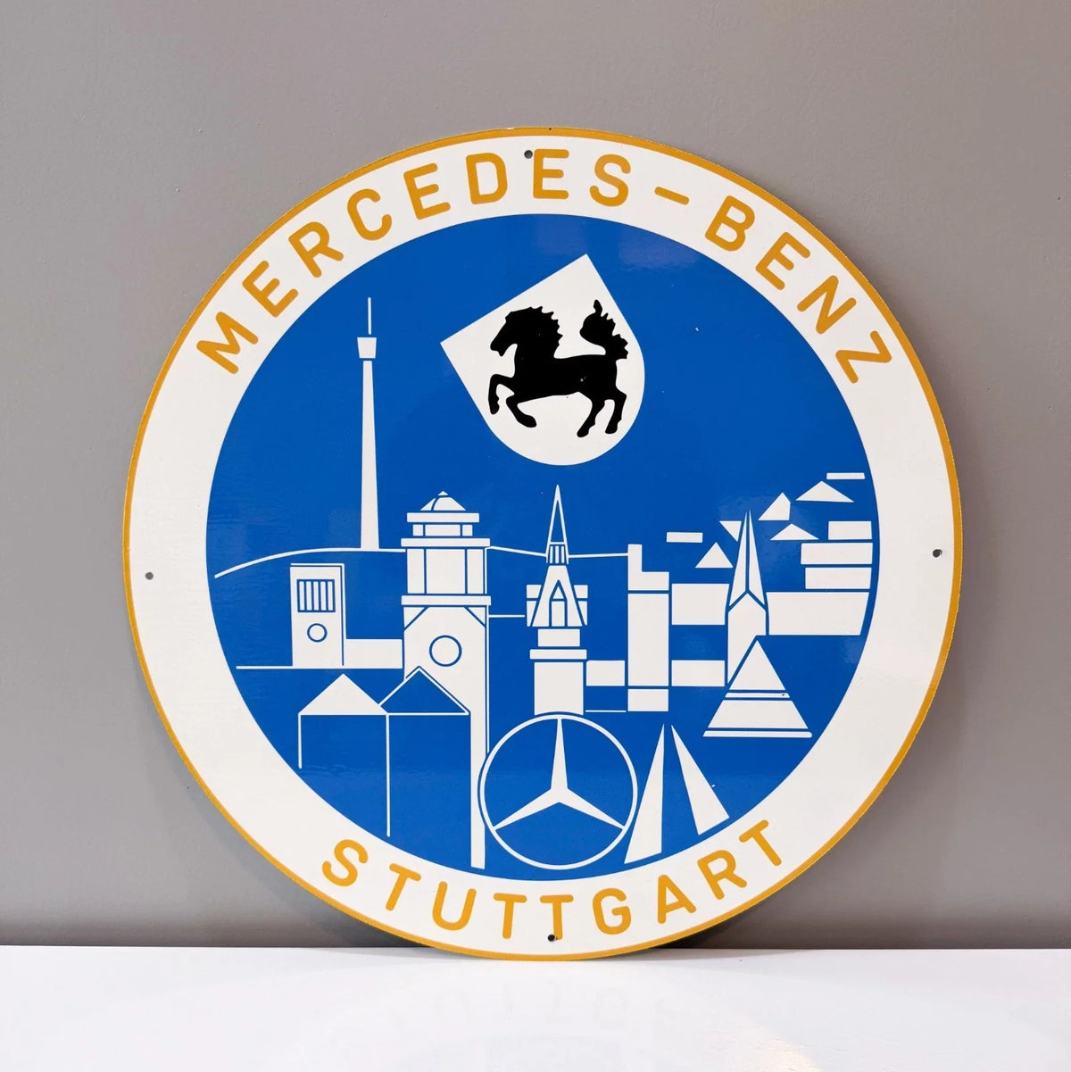 Mercedes Stuttgart City Skyline Round Heavy Metal Sign – Garage & Man Cave Decor