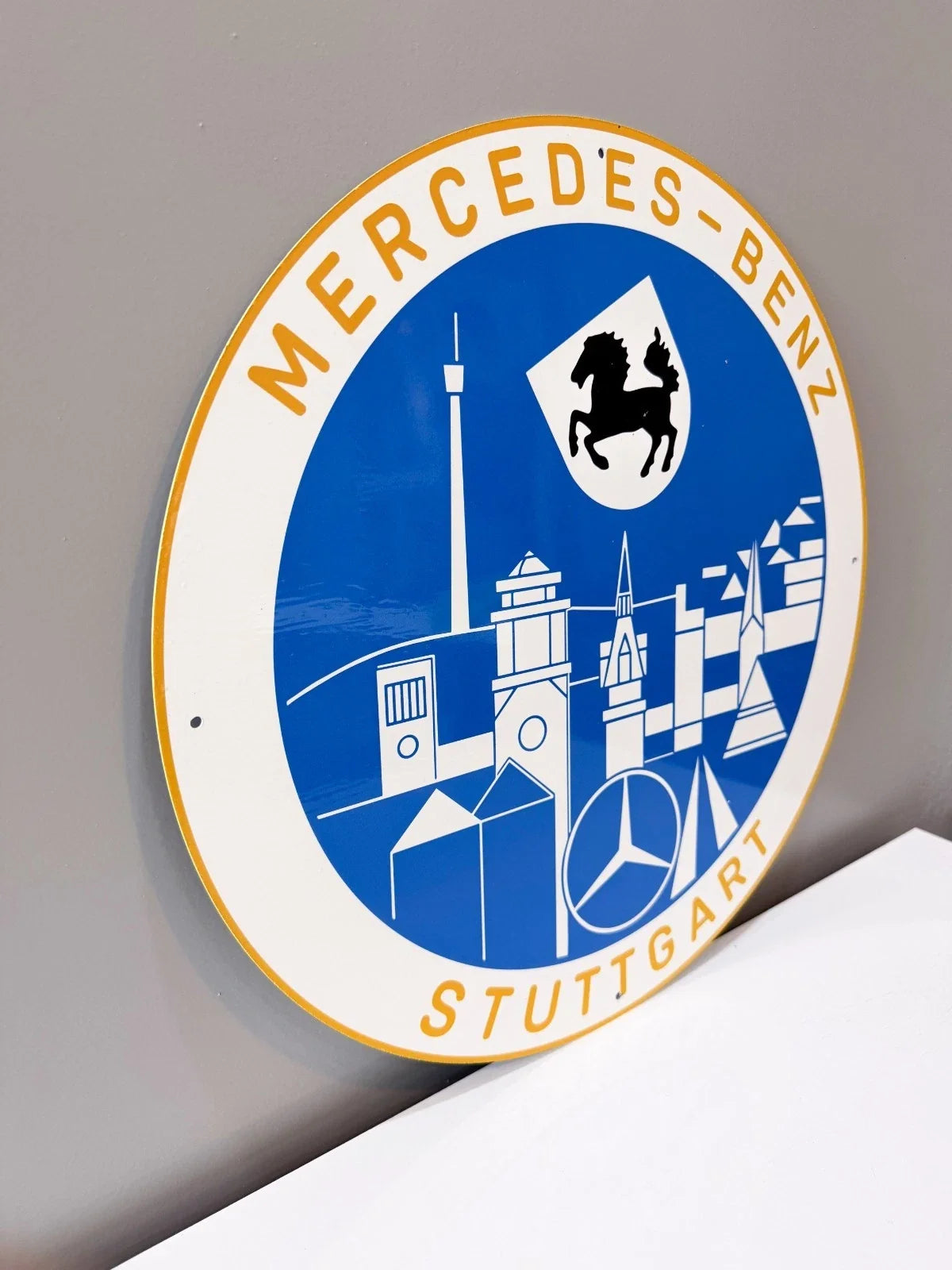 Mercedes Stuttgart City Skyline Round Heavy Metal Sign – Garage & Man Cave Decor
