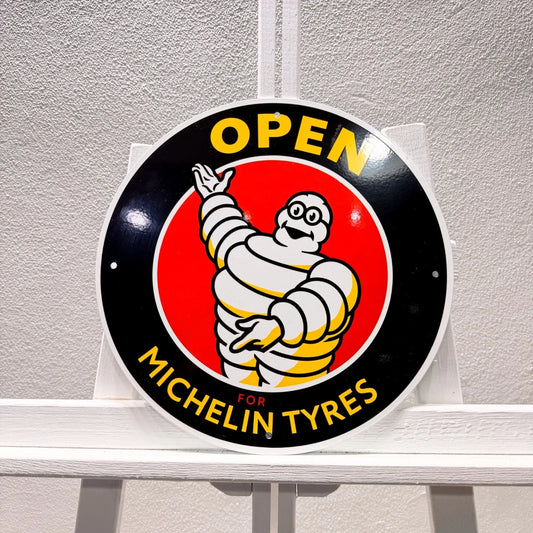 Michelin Bibendum Open for Michelin Tyres Round Heavy Metal Sign – Garage & Man Cave Decor