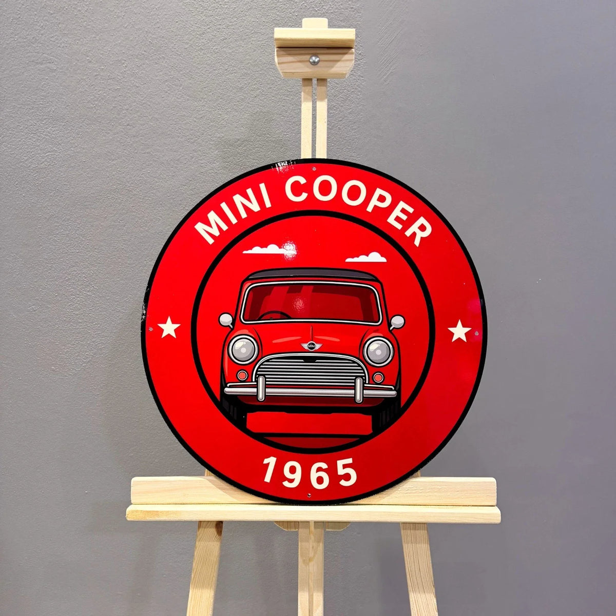 Mini Cooper 1965 - Classic Front View Round Heavy Metal Sign – Garage & Man Cave Decor