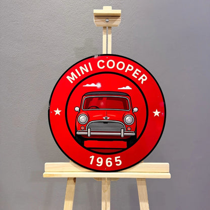 Mini Cooper 1965 - Classic Front View Round Heavy Metal Sign – Garage & Man Cave Decor