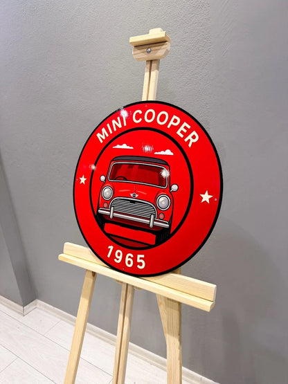 Mini Cooper 1965 - Classic Front View Round Heavy Metal Sign – Garage & Man Cave Decor