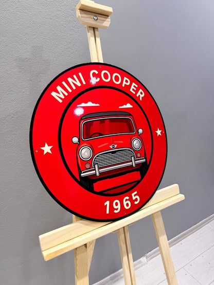 Mini Cooper 1965 - Classic Front View Round Heavy Metal Sign – Garage & Man Cave Decor