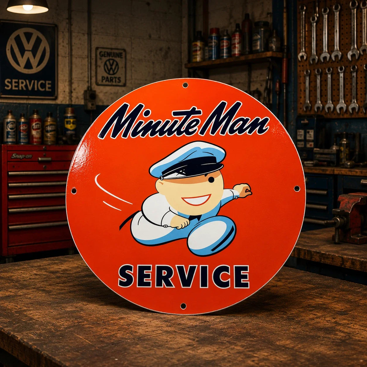 Minute Man Service Round Heavy Metal Sign – Garage & Man Cave Decor