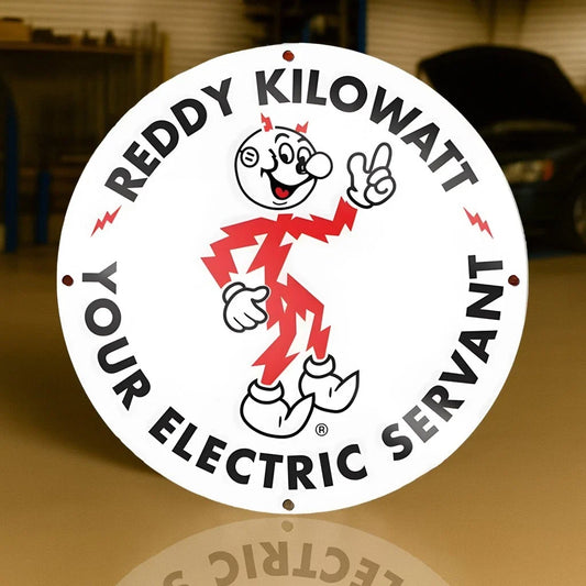 Reddy Kilowatt - Your Electric Servant Round Heavy Metal Sign – Garage & Man Cave Decor