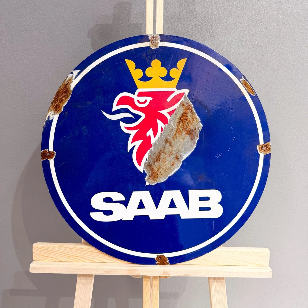 SAAB Rusty Look Logo Round Heavy Metal Sign – Garage & Man Cave Decor