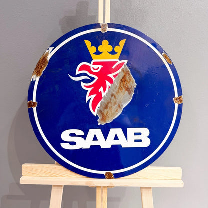 SAAB Rusty Look Logo Round Heavy Metal Sign – Garage & Man Cave Decor