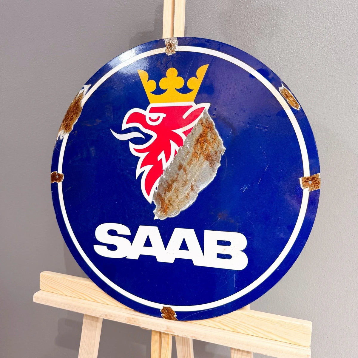 SAAB Rusty Look Logo Round Heavy Metal Sign – Garage & Man Cave Decor