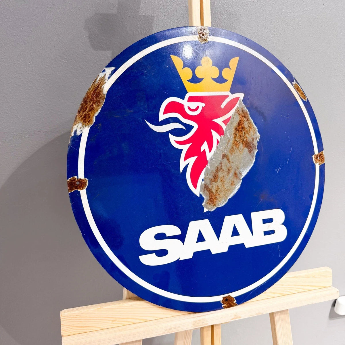 SAAB Rusty Look Logo Round Heavy Metal Sign – Garage & Man Cave Decor