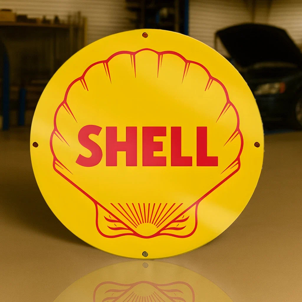 SHELL GASOLINE - Minimal Round Heavy Metal Sign – Garage & Man Cave Decor