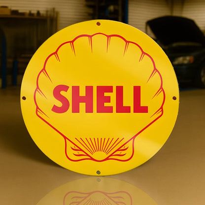 SHELL GASOLINE - Minimal Round Heavy Metal Sign – Garage & Man Cave Decor