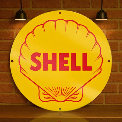 SHELL GASOLINE - Minimal Round Heavy Metal Sign – Garage & Man Cave Decor
