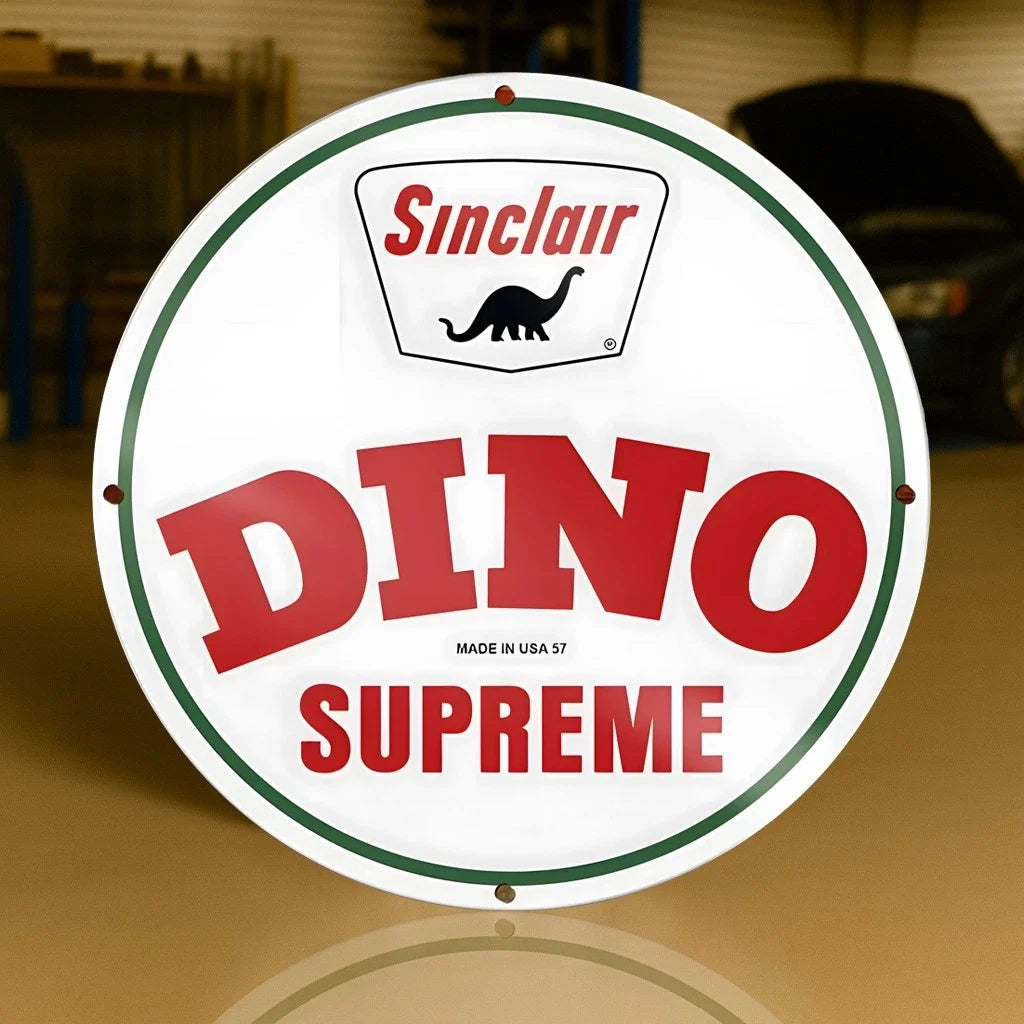 Sinclair Dino Supreme - Gasoline Round Heavy Metal Sign – Garage & Man Cave Decor