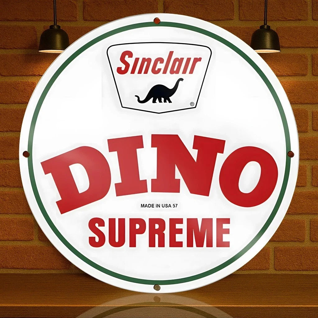 Sinclair Dino Supreme - Gasoline Round Heavy Metal Sign – Garage & Man Cave Decor