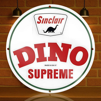 Sinclair Dino Supreme - Gasoline Round Heavy Metal Sign – Garage & Man Cave Decor
