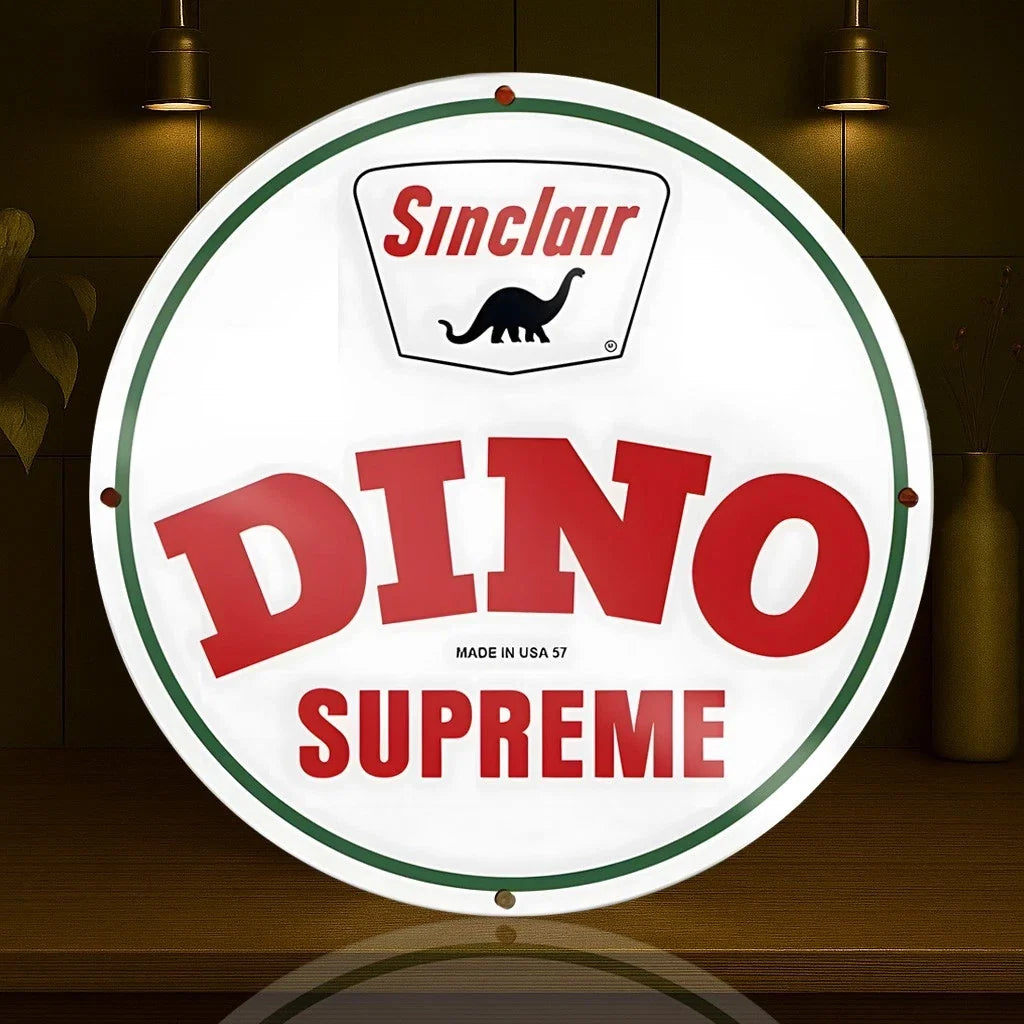Sinclair Dino Supreme - Gasoline Round Heavy Metal Sign – Garage & Man Cave Decor