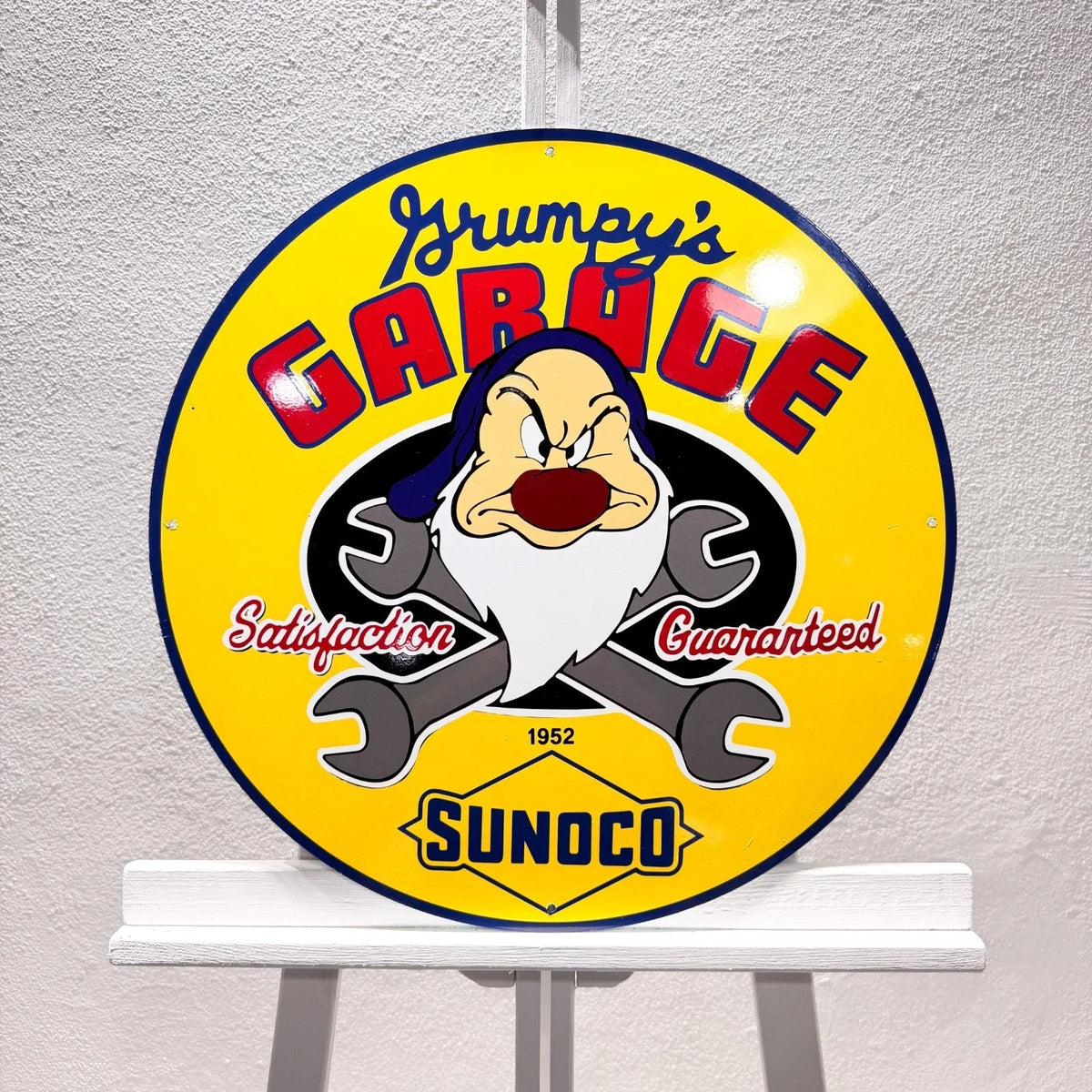 Sunoco Gas Oil Grumpy's Round Heavy Metal Sign – Garage & Man Cave Decor